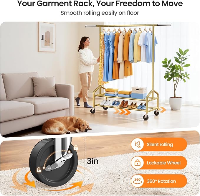 Heavy Duty Clothes Rack, Rolling Clothing Rack Load 650 LBS for Hanging Clothes with 2 Sturdy Shelves, Metal Garment Rack with Wheels for Bedroom, Laundry Room, Retail Store, Gold