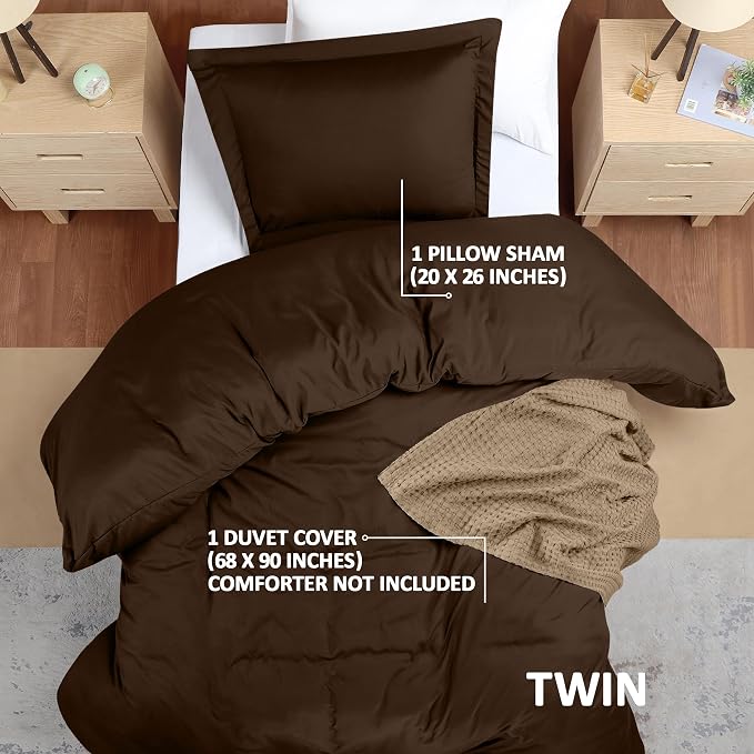 Duvet Cover Twin/Twin XL, 3 PC Cotton Like Polyester, Zipper Closure, Brown | Extra Soft and Breathable, Wrinkle & Fade Resistant, Includes Duvet Cover and 1 Pillow Sham, Comforter Not Included, OekoTex