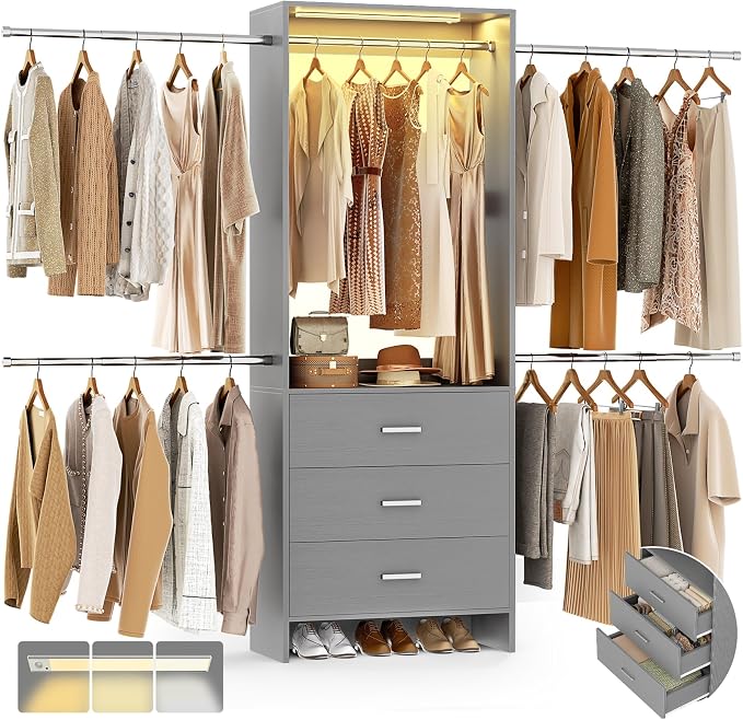 Aheaplus Closet System with Motion-Sensing Light, 3 Wooden Drawers and 4 Hanging Rods, Customizable Walk-in Closet Organizer with 3CCT LED, Heavy Duty Garment Rack for Bedroom,Grey