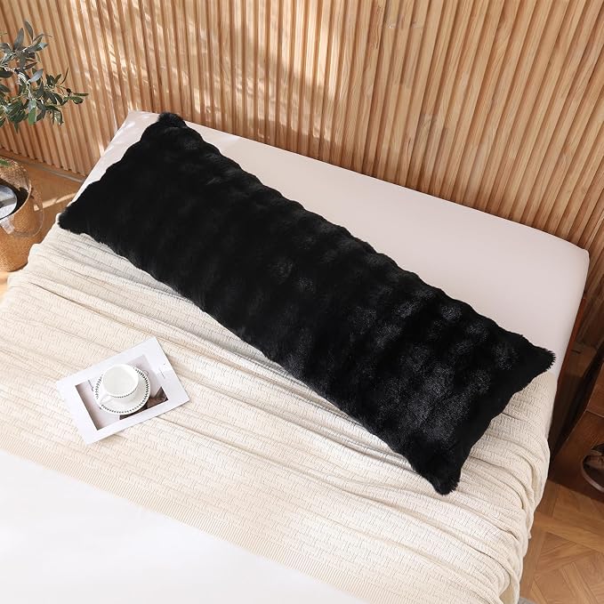 DOWNCOOL Premium Large Body Pillow Insert with Faux Rabbit Fur Cover - Large Full Body Pillows for Adults - Soft Long Bed Pillows for Side Sleepers - 20x54 inch (Black, with Cover)
