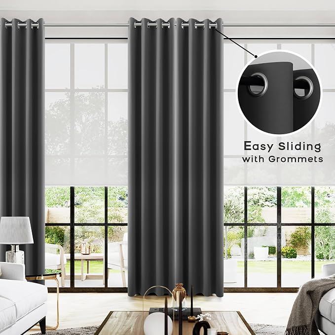 KOUFALL Dark Grey Black Out Curtains 100 Inches Long 2 Panels for Living Room, Thermal Insulated Noise Reducing Room Darkening Satin Drapes for Bedroom, Charcoal Gray