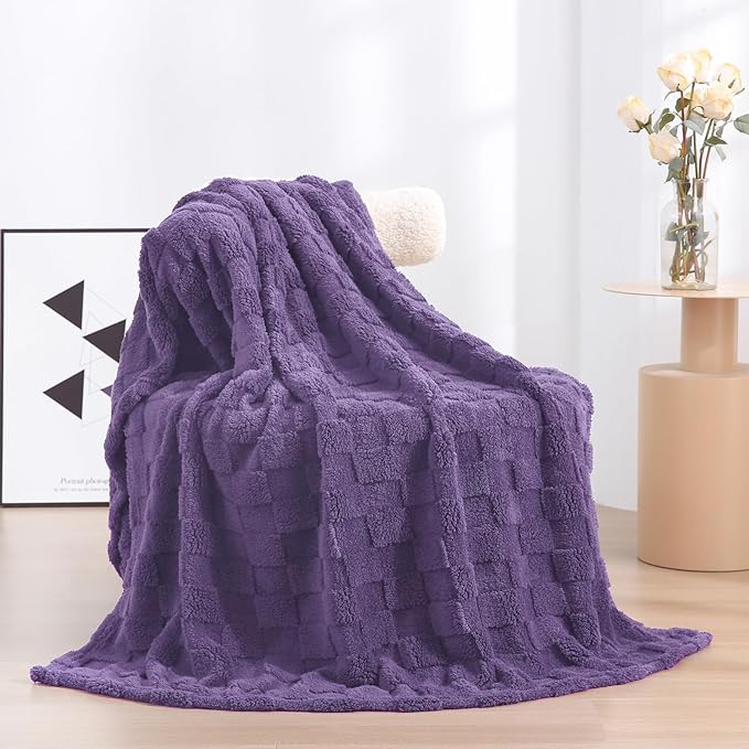 Lavender Fleece Throw Blanket 50”×60”Checkered Design for Couch | Super Soft Cozy Plush Microfiber 3D Square Pattern Flannel Blanket for Sofa Bed Lightweight for Adults,Women
