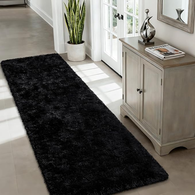 Soft Fluffy Rugs for Bedroom Living Room, 2x6 Hallway Runner Rugs, Furry Shag Bedside Area Rug Indoor Accent Floor Carpet, Plush Fuzzy Rug for Dorm Nursery Kids Room Decor, Black