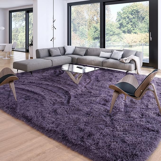 Soft Modern Indoor Large Shaggy Rug for Livingroom Bedroom Dorm Kids Room Home Decorative, Non-Slip Plush Fluffy Furry Fur Area Rugs Comfy Nursery Accent Floor Carpet 8x10 Feet, Grey-Purple