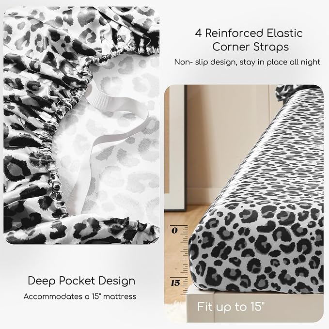 MR&HM Satin Sheets Full Size with Elastic Corner Straps, White Leopard | Similar to Silk, 4-Piece Silky Soft Bed Sheet Set, Gentle on Skin and Hair, 15" Deep Pocket, Cooling & Breathable