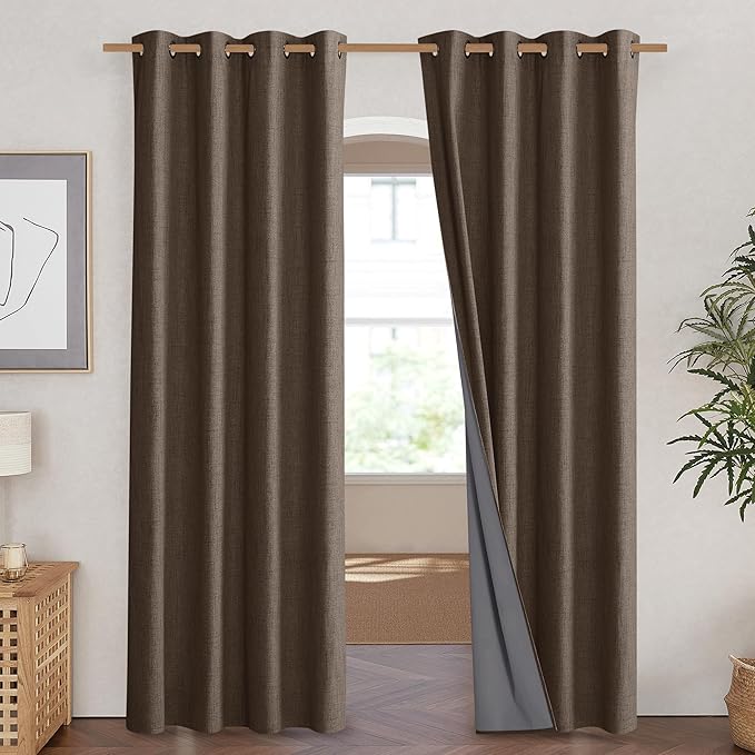 NICETOWN Coffee Blackout Curtains for Living Room 52" w x 84" L 2 Panels | Room Darkening Vintage Linen Thermal Insulated Curtains, Noise Reducing Window Treatment Drapes for Hall Room Home Decor