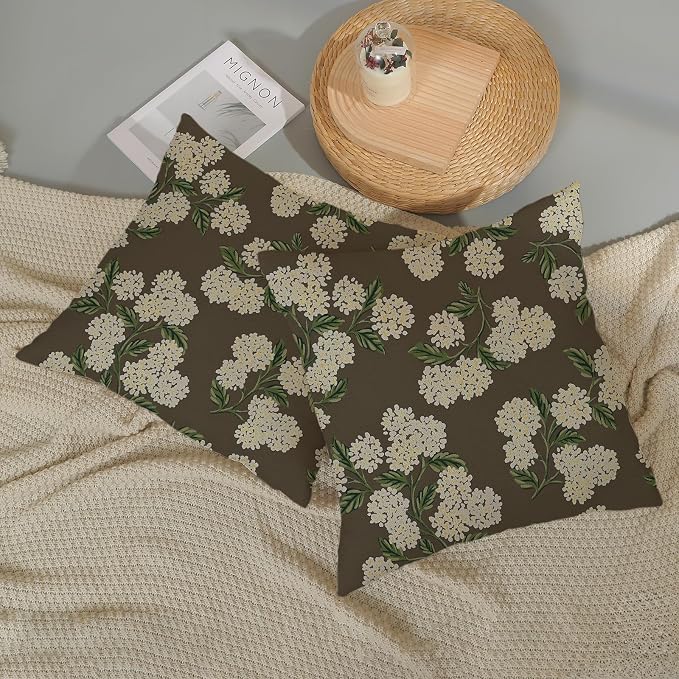 Brown Spring Pillow Covers 16x16 Inch 2 Pcs Green Yellow Hydrangea Flower Decor Throw Pillows Vintage Floral Seasonal Summer Outdoor Decoration Pillowcase Linen Cushion Cover for Couch Sofa