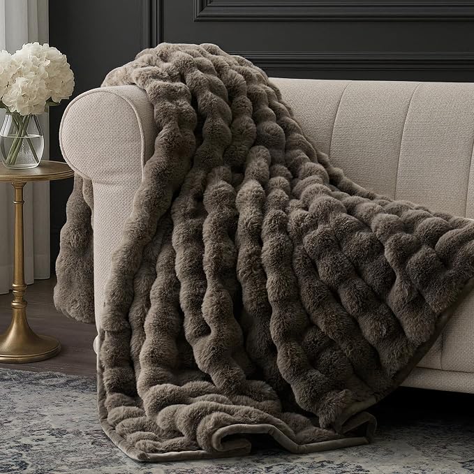 EverGrace Faux Rabbit Fur Bubble Throw Blanket, 50"x60", Dark Taupe | Ultra Soft, Luxury Faux Rabbit Fur Throw, Thick Warm Bubble Blanket, Cozy Fluffy Reversible, for Bed, Couch, Chair, Sofa