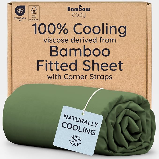 Bambaw 100% Viscose Derived from Bamboo Fitted Sheet Queen Size, Cooling Fitted Sheet Queen Size, 16’’ Deep Pocket & Elastic Corner Straps (Olive)