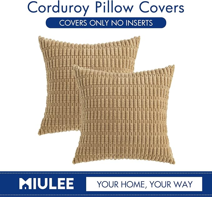 MIULEE Corduroy Decorative Throw Pillow Covers 18x18 Khaki Pack of 2 | Soft Boho Striped Pillow Covers Modern Farmhouse Fall Home Decor For Sofa Living Room Couch Bed