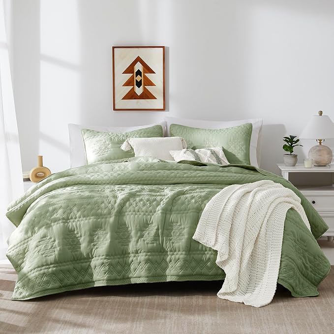 WDCOZY Boho Sage Green Twin Quilt Size Bedding Sets with 1 Pillow Sham, Farmhouse Lightweight Soft Bedspread Coverlet for All Season, 2 Pieces, 68x90 inches