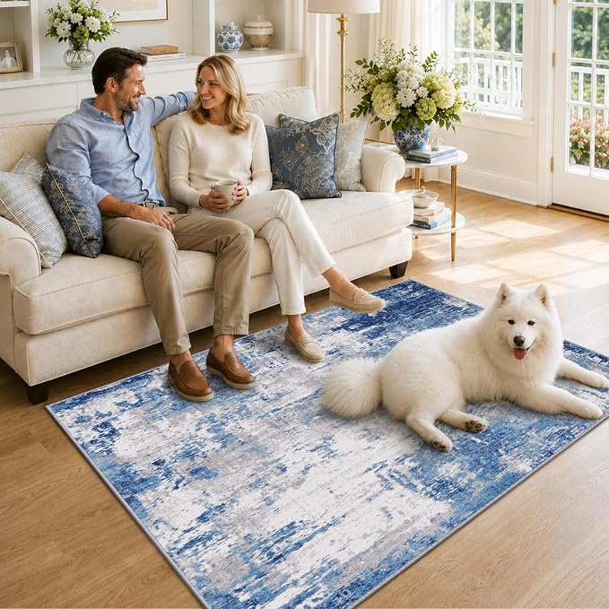 RELEANY Washable 4'x6' Abstract Area Rug for Living Room Blue Gray | Carpet for Bedroom, Kitchen, Office, Hallway and Entryway, Printed Pattern, Non‑Slip, Soft, Stain‑Resistant, Easy to Clean