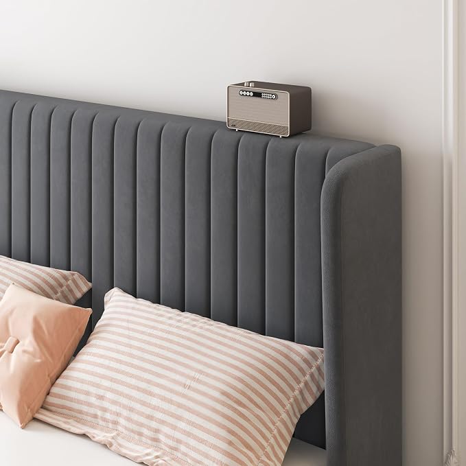 SHA CERLIN Queen Size Velvet Bed Frame, Tufted Wingback Headboard, Grey | 47'' Modern Vertical Channel Headboard, Upholstered Platform Bed, Wood Slats, No Box Spring Needed, Easy Assembly, Noise Free