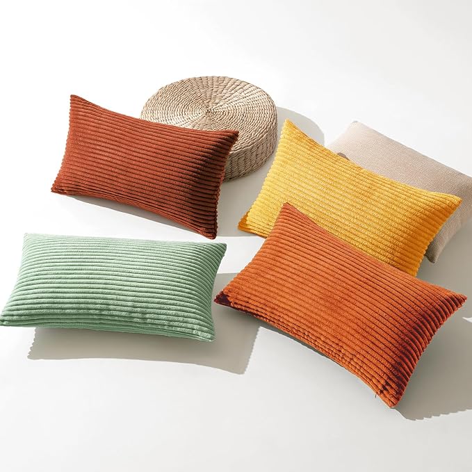 MIULEE Fall Decorative Lumbar Pillow Covers Yellow Rust Green 12x20 | Set of 4, Vintage Retro Fall Decor, Mix and Match Color Clash Design, Vibrant Throw Pillows for Sofa Couch Bed Living Room