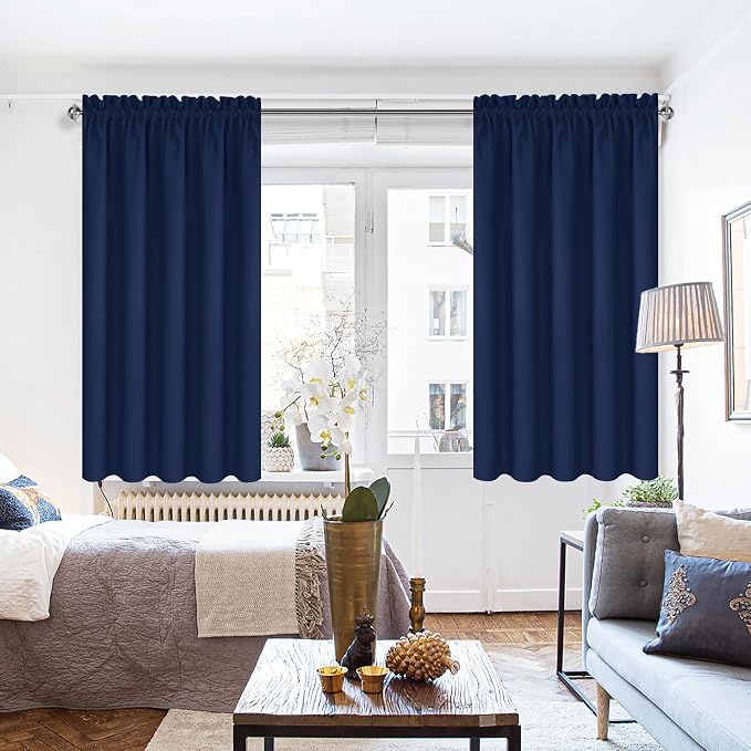 DWCN Blackout Curtains for Bedroom 52 x 45 Inch Long Navy Blue 2 Panels | Room Darkening, Thermal Insulated, Light Blocking, Rod Pocket Drapes, Noise Reducing Window Treatments