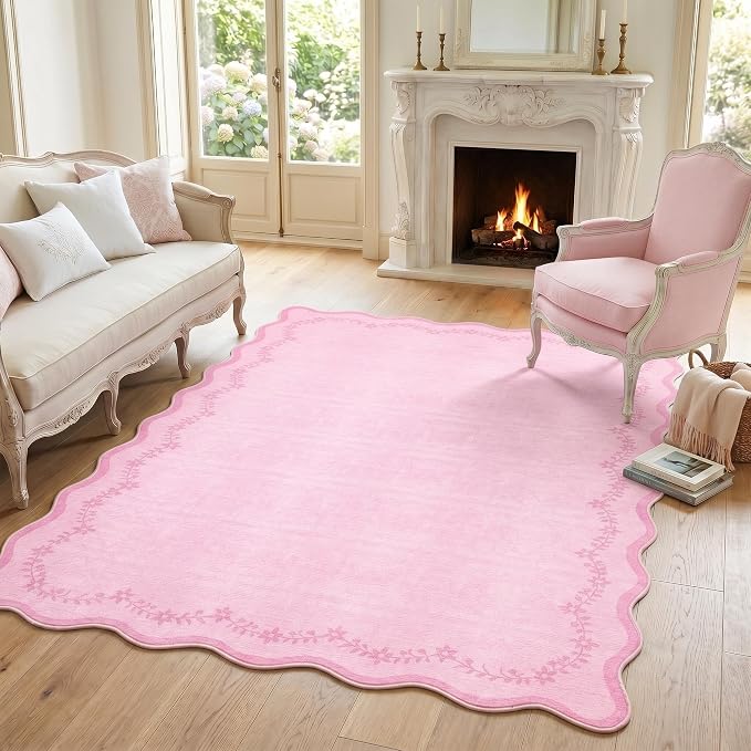 GarveeHome 5x7 Scalloped Area Rug Pink Washable Bedroom Living Room Rug | Soft Floral Low Pile Non Slip Accent Floor Mat Solid Print Throw Rug Indoor Carpet for Dining Room Dorm Playroom