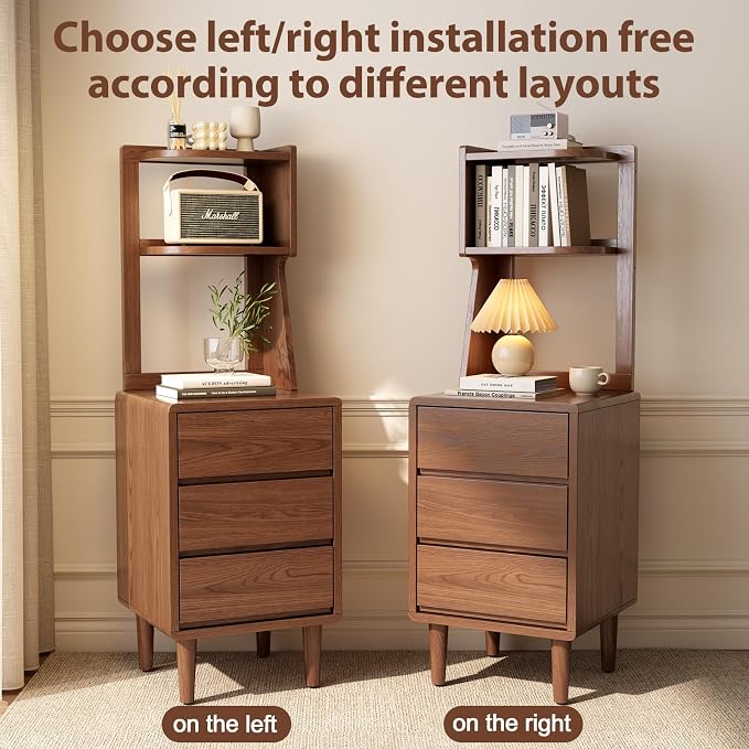 Solid Wood Bookshelf Nightstand Combo, Tall Nightstand with Bookshelf | Walnut Nightstand Bookshelf,Narrow Nightstand with Drawers,Open Shelf Bookcase,for Bedroom,Living Room,Offices