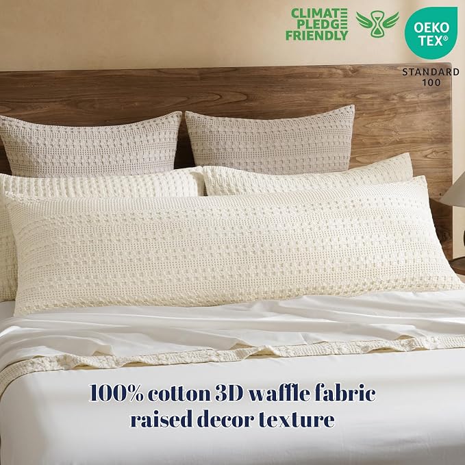 PHF 100% Cotton Waffle Body Pillowcase with Zipper, 1 Pack 20" x 54" Soft Skin-Friendly Pillow Sham, No Filling, Aesthetic Woven and Breathable Waffle Weave Body Pillow Cover for Bed, Ivory