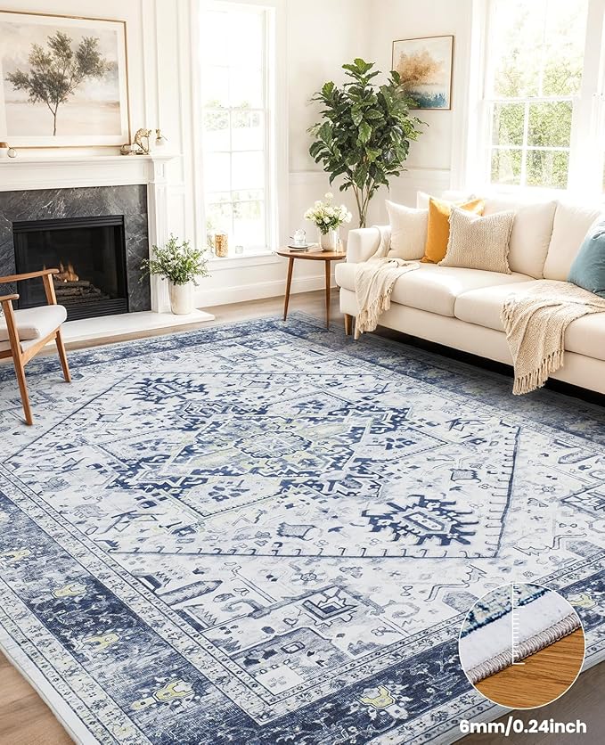 AMADA HOMEFURNISHING Washable Area Rug, Low-Profile Large Area Rug with Non-Slip Backing & Durable Edge Binding, Vintage Large Rugs for Living Room, Bedroom, Dinning Room, 8x10, Navy Blue/White