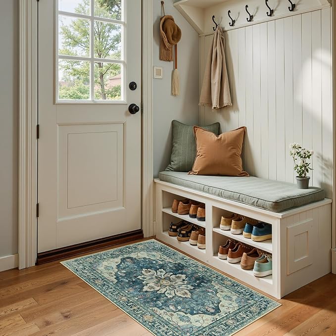 RELEANY Washable Area Rug, Small 2'x4', Blue/Vintage Dark Blue | Non-Slip, Water Repellent, Pet Friendly, Easy to Clean, Vintage Floral Boho Decor for Kitchen Entryway Bathroom