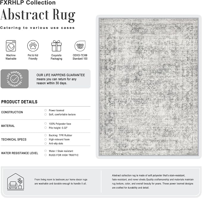 5x8 Area Rug Living Room: Modern Washable Soft Carpet Black Grey | For Bedroom Dining Room Farmhouse Nursery Hallway Office,Modern Abstract,Machine washable,Non-Slip,Stain Resistant,Indoor
