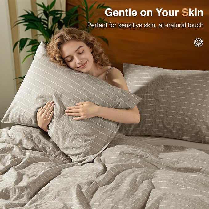 SONORO KATE 100% French Linen Queen Duvet Cover Set,Zipper Closure,3PC | Natural French Flax,Soft Breathable for Hot Sleepers,Moisture Wicking & Durable,4 Corner Ties,Linen & White Stripes