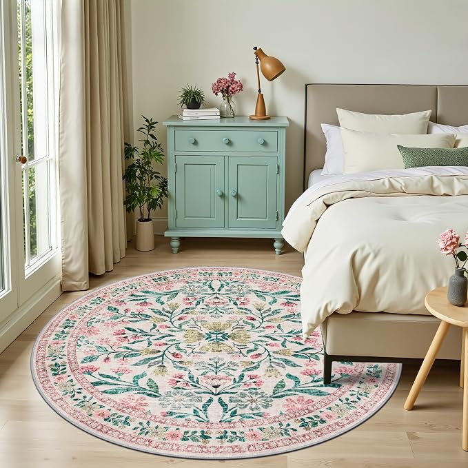 PLHXFR Round Area Rug Living Room: 6 ft Floral Washable Carpet Pink Green | For Bedroom Dining Room Farmhouse Nursery Hallway,Vintage Floral,Machine washable,Non Slip,Stain Resistant,Large Indoor