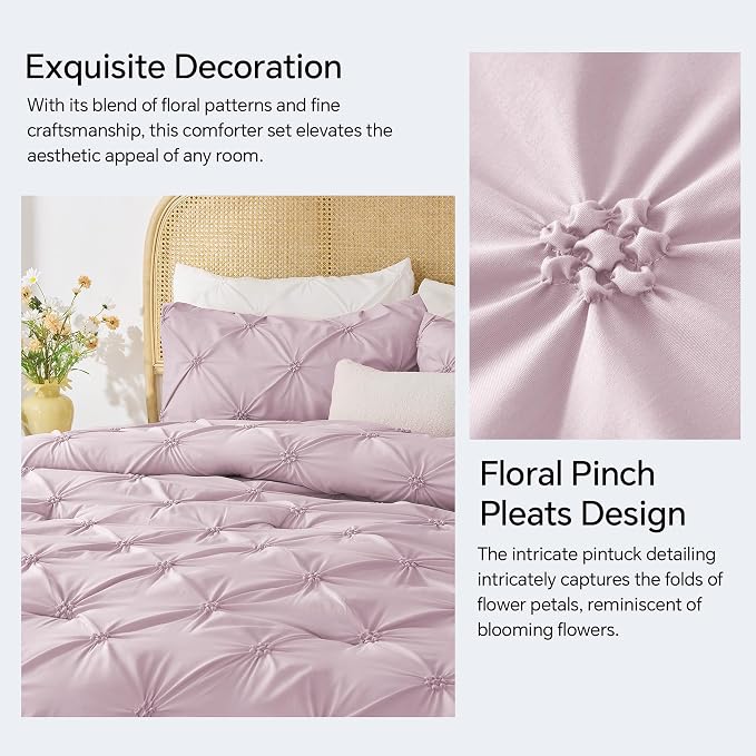 BEDELITE Full Comforter Set Light Purple,Lightweight & Soft Comforter | Pintuck Boho Bedding, Warm & Cute Bed Set for All Season,With 2 Pillowcases