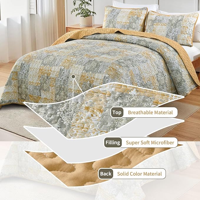 Mybedsoul Boho Quilt King Size, Patchwork Reversible Bedding Set, Yellow | Soft Lightweight Microfiber Floral Coverlet Set, 3 Pieces Plaid Bedspread, Bed Sets for All Seasons 90"x110"