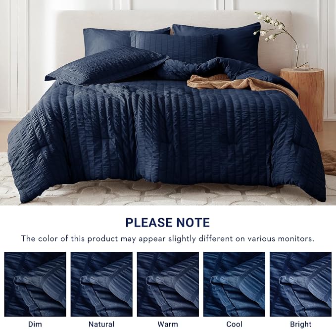 7 Pieces Oversized King Comforter Set, Seersucker Bed in a Bag Oversized King Size, All Season Luxury Bedding Set with Comforter, Flat Sheet, Fitted Sheet, Pillowcases & Shams, Navy Blue