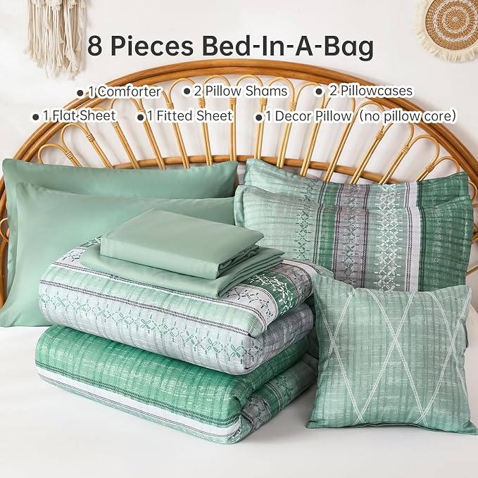 Boho Queen Comforter Size Set, 8 Pieces Sage Green Striped Texture Bed in a Bag Bedding Sets, Lightweight Soft Comforter and Sheet Set, All Season Microfiber Teen Boys Bedding Sets for Men Women