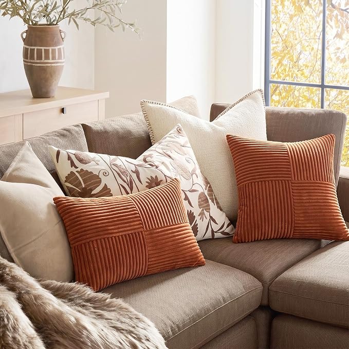 Fancy Homi 2 Packs Rust Samll Decorative Throw Pillow Covers 14x14 Inch with for Couch Bed, Rustic Farmhouse Boho Home Decor, Soft Corss Patchwork Corduroy Square Terracotta Cushion Case 35x35 cm