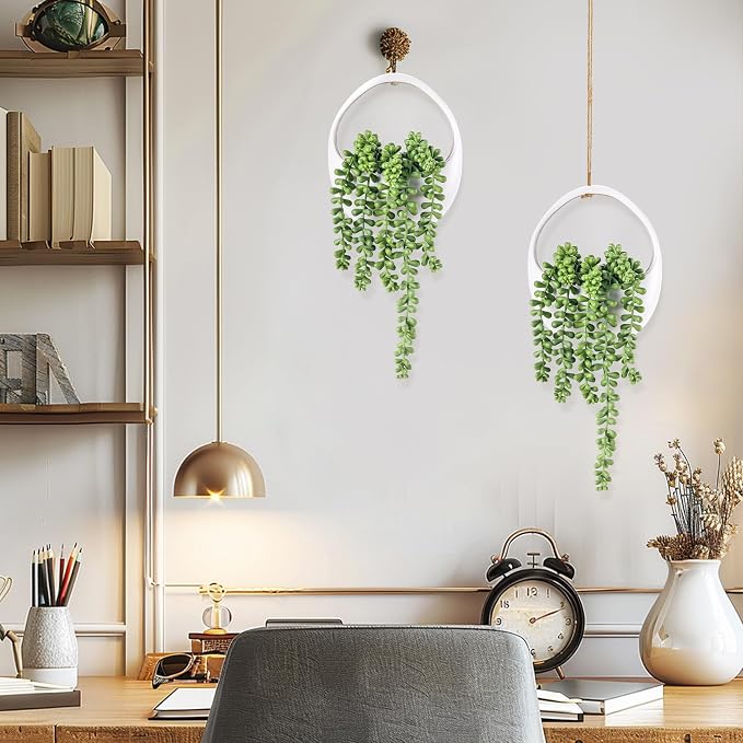 Der Rose 2 Pack Artificial Hanging Plants in White Pots for Boho Wall Decor | Mixed trailing succulent styles, included hanging strings,wall or shelf display for bathroom bedroom office decor