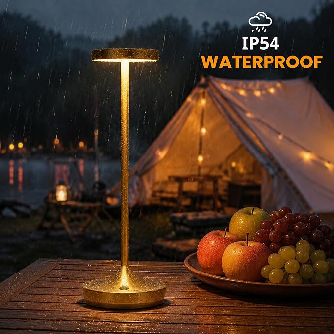 Gold Cordless LED Table Lamps Rechargeable 6000mAh, 72H Runtime, Waterproof | Stepless Touch Dimming with 3 Color Modes & Memory Function, Portable IP54 Waterproof for Home/Dinner/Patio/Restaurant (Gold)