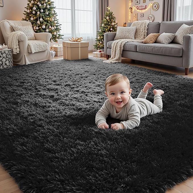 6x9 Fluffy Shag Area Rugs for Living Room Bedroom: Soft Plush Carpet Black | Upgraded Non-Slip Thick Memory Foam, Ultra Soft, Non-Shedding Fuzzy Carpet, Easy Clean Decor for Kids Room, Nursery, Playroom