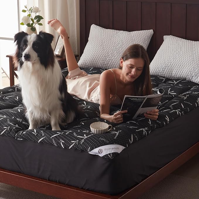 PRIMESOFT Twin XL Size Mattress Topper,Thick Pillow Top Mattress Pad，Up to 22 Inch Deep Pocket,Soft Breathable Mattress Pad for Back Pain, Waterproof Protector Cover(Black)