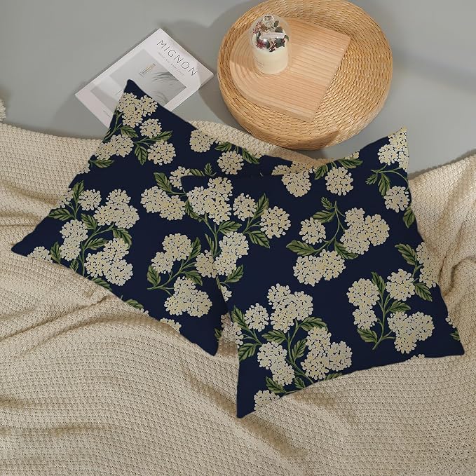 Navy Blue Spring Pillow Covers 20x20 Inch 2 Pcs Green Yellow Hydrangea Flower Decor Throw Pillows Vintage Floral Seasonal Summer Outdoor Decoration Pillowcase Linen Cushion Cover for Couch Sofa