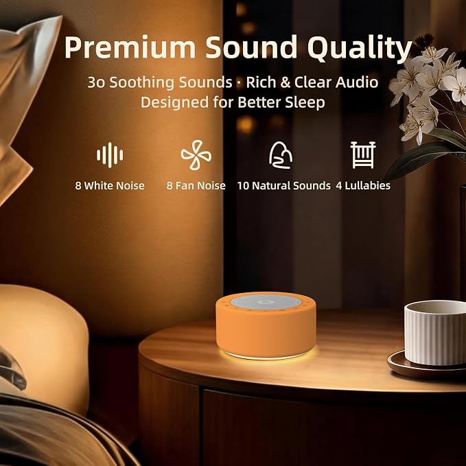 Kipcush White Noise Machine for Baby & Adults, 30 Soothing Sounds, Soft Non-Glare Nursery Lamp, 8 Color Night Lights, Memory Function (Angel V3 Orange, Standard)