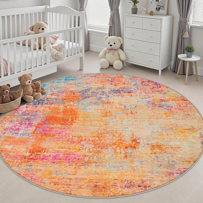Round Area Rug Living Room: 6 ft Modern Washable Indoor Carpet | For Bedroom Dining Room Farmhouse Nursery Hallway Office,Modern Abstract,Machine washable,Non-Slip,Stain Resistant,Indoor