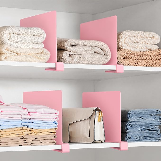 HBlife 6 Pack Closet Organizers and Storage, Pink Shelf Dividers, Vertical Purse Organizer for Closet Perfect for Sweater, Shirts, Handbags in Bedroom and Kitchen, Acrylic Bookshelf for Organization
