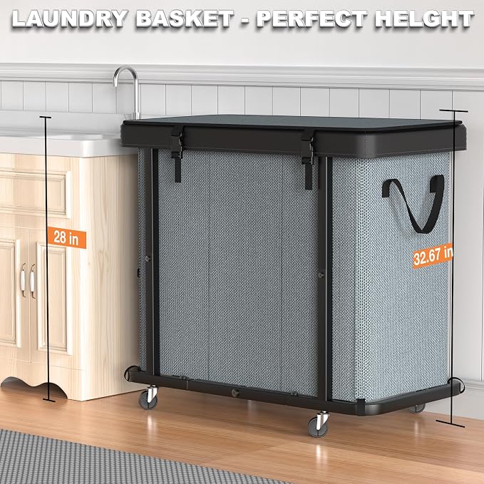 Laundry Basket with Wheels, 230L(60Gal) Laundry Sorter 3 Section - Gray | Leather Patchwork Laundry Hapmer, Sturdy Metal Frame, Removable Washable Bag, Tall Clothes Sorter for Bedroom
