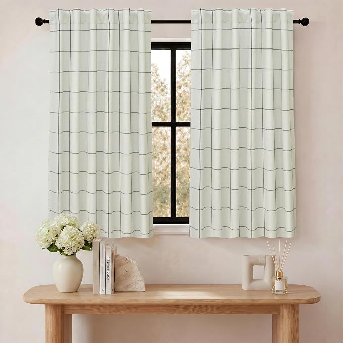 DriftAway 100% Blackout Windowpane Plaid Linen Curtains 36 Inches Black | Double Layer Farmhouse Drapes for Living Room Bedroom Yarn Dyed Woven Thermal Insulated Rod Pocket Back Tab 2 Panels