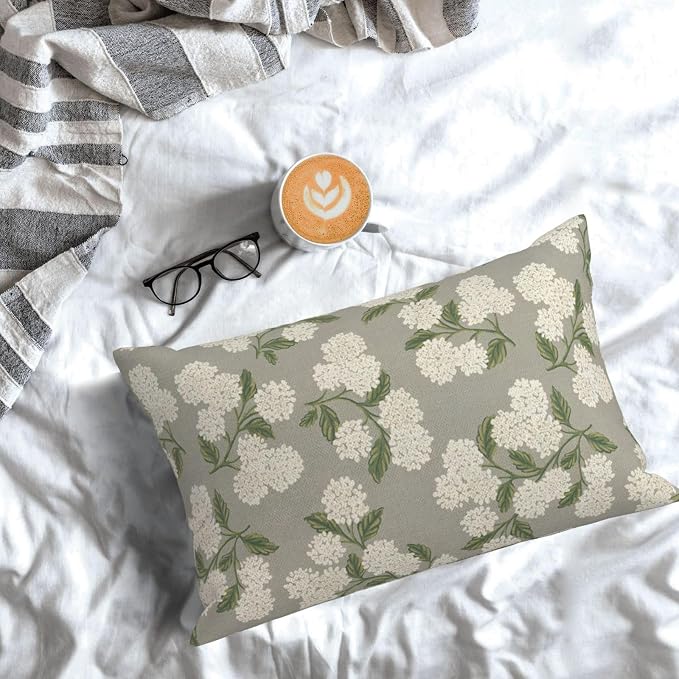 Grey Spring Pillow Covers 12x20 Inch 2 Pcs Gray Green Hydrangea Flower Decor Throw Pillows Vintage Floral Seasonal Summer Outdoor Decoration Pillowcase Linen Cushion Cover for Couch Sofa