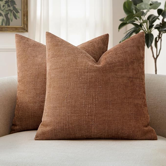 MIULEE Textured Chenille Throw Pillow Covers 22x22 Inch Pecan Brown | Pack of 2 Decorative Soft Throw Pillows, Solid Textured Cushion Covers, Modern Home Decor for Couch Sofa Bedroom Living Room