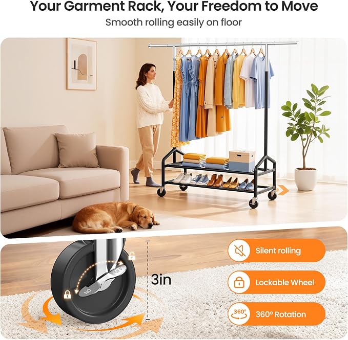 Heavy Duty Clothes Rack, Rolling Clothing Rack Load 650 LBS for Hanging Clothes with 2 Sturdy Shelves, Metal Garment Rack with Wheels for Bedroom, Laundry Room, Retail Store, Silver-Black