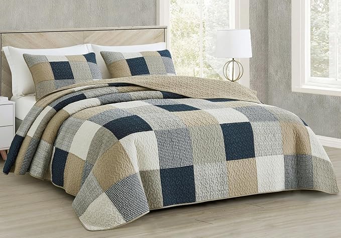 Chezmoi Collection Samuel 3-Piece Navy Blue White Gray Taupe Plaid Square Patchwork Quilt Set - Pre-Washed Cotton Quilted Lightweight Reversible Bedspread for All Seasons, Super King Size