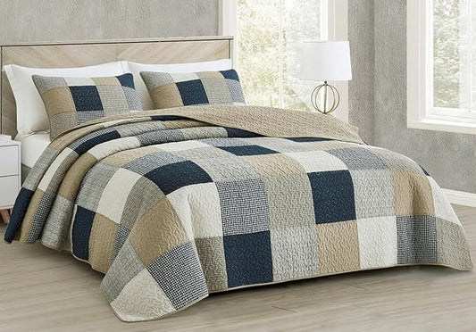 Chezmoi Collection Samuel 3-Piece Navy Blue White Gray Taupe Plaid Square Patchwork Quilt Set - Pre-Washed Cotton Quilted Lightweight Reversible Bedspread for All Seasons, Super King Size
