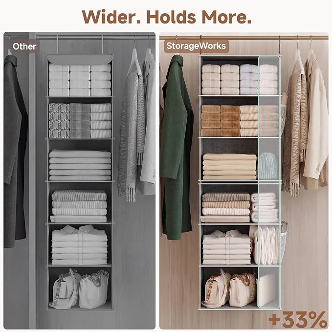 StorageWorks Hanging Closet Organizer, 6-Shelf with 2-in-1 Design, Ivory | Maximize Closet Space with Reinforced Shelves, Small Closet Storage Solution for Bedrooms, Dorms and RVs, Jumbo