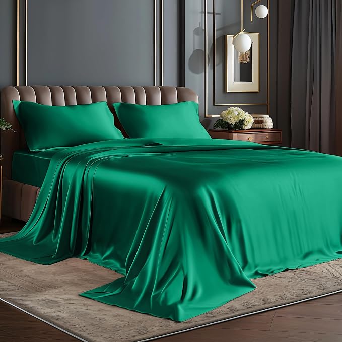 BEDELITE Satin Sheets King Size Bed Set, Dark Green, 4 Pieces | Luxury Silky Bed Sheets, 15 Inch Deep Pocket, Similar to Silk, Soft and Cooling, Reduces Friction, Gentle on Hair and Skin
