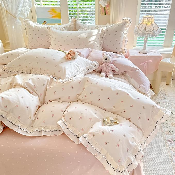 mixinni Shabby Chic Tiny Pink Floral Duvet Cover Twin, 100% Cotton Reversible Bedding with Double Ruffle Black Lace Trim, Vintage Farmhouse Princess Comforter Cover with Zipper & Corner Ties